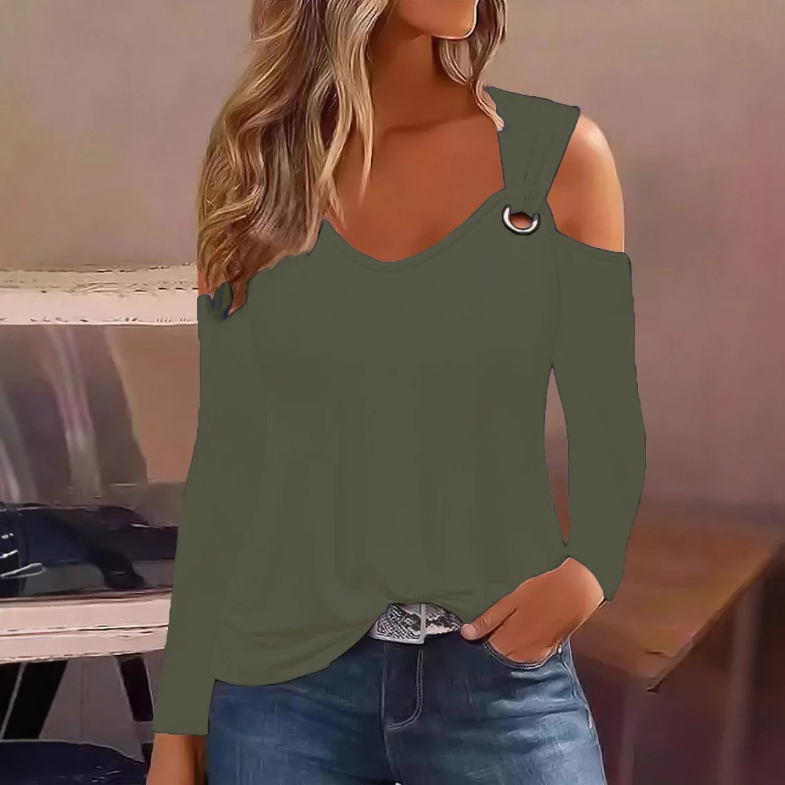 Women Floral Print Cold Shoulder Long Sleeve Top V Neck Metal Ring Detail Casual Loose Fit Blouse