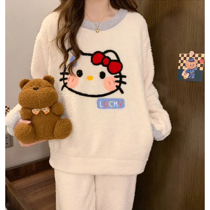 Hello Kitty-Pyjama thermique en flanelle pour femme, col rond, ensemble 2 pièces, dessin animé Sanurgente, vêtements de détente, hiver