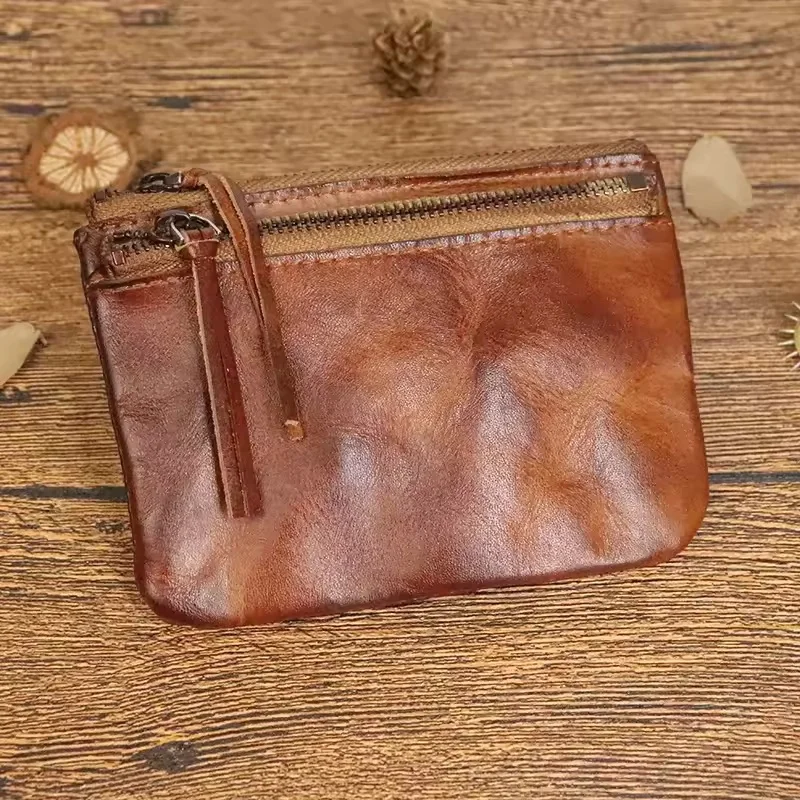 Double Zipper Top Grain Leather Hand Rolling Tobacco Pouch Men DIY Roller Storage Mini Wallet Smoking Accessories