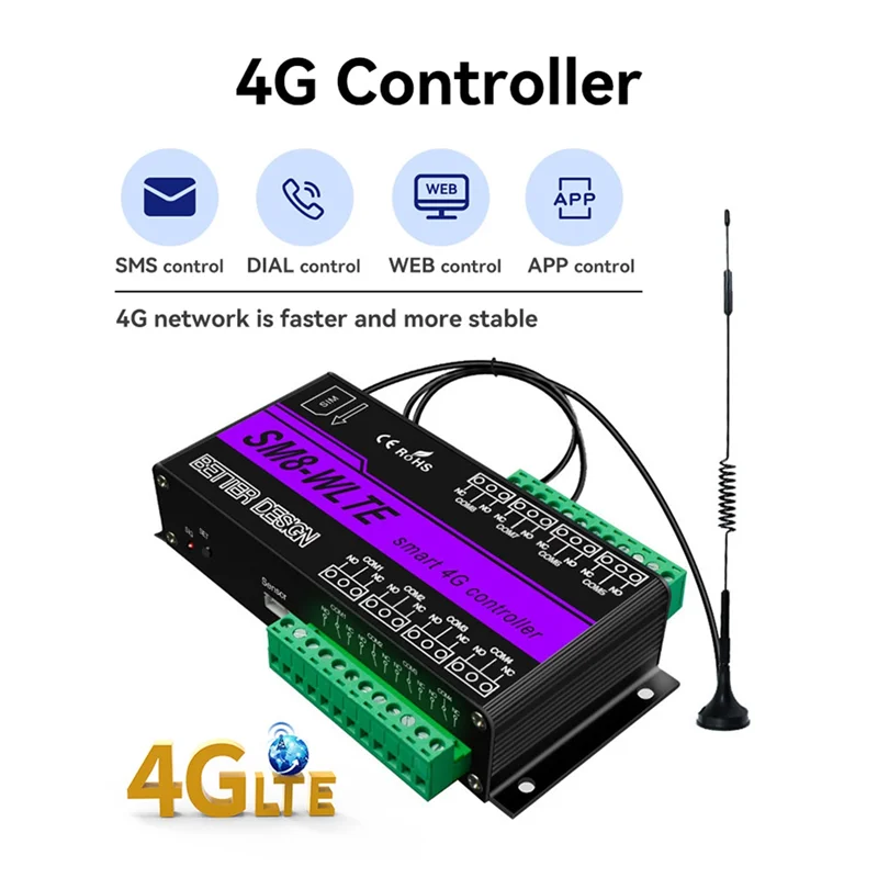 

ABBN-SMS GSM 4G LTE 8 Channel Relay ON/OFF Switch For Gate Opener Motor Control SM8-WLTE APP Remote Controller EU Plug