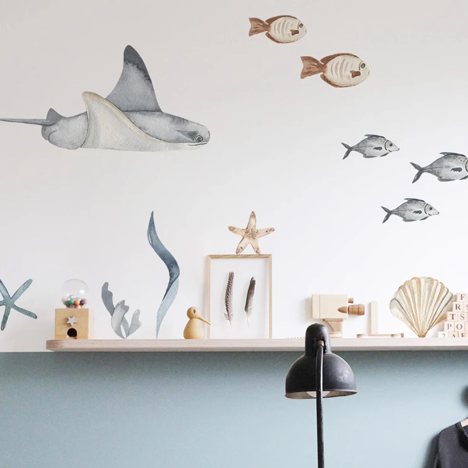 Large Watercolor Sharks Wall Decals Ocean Animal Wall Sticker Under The Sea Marine Life Theme Decals Nursery Kids Room Decor