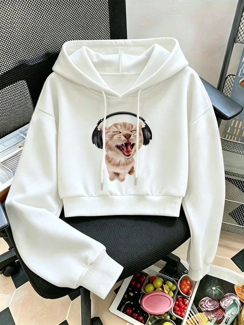 Women Funny Music Cat Graphic Cropped Sweatshirt Long Sleeve Streetwear Hoodie Y2k Hooded Cute Animal Print Casual Crop Tops