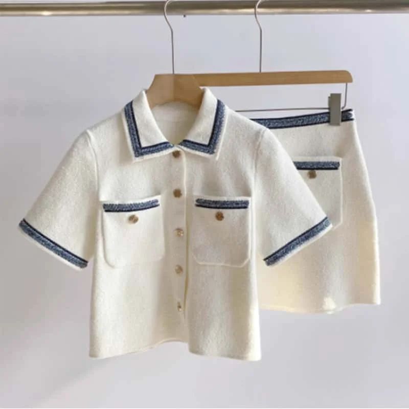 

Women's Knitted Set Turn Down Collar Short Sleeve Single Button Cardigan Top Or Casual Mini Skirt 2025 New Spring Ladies Sets