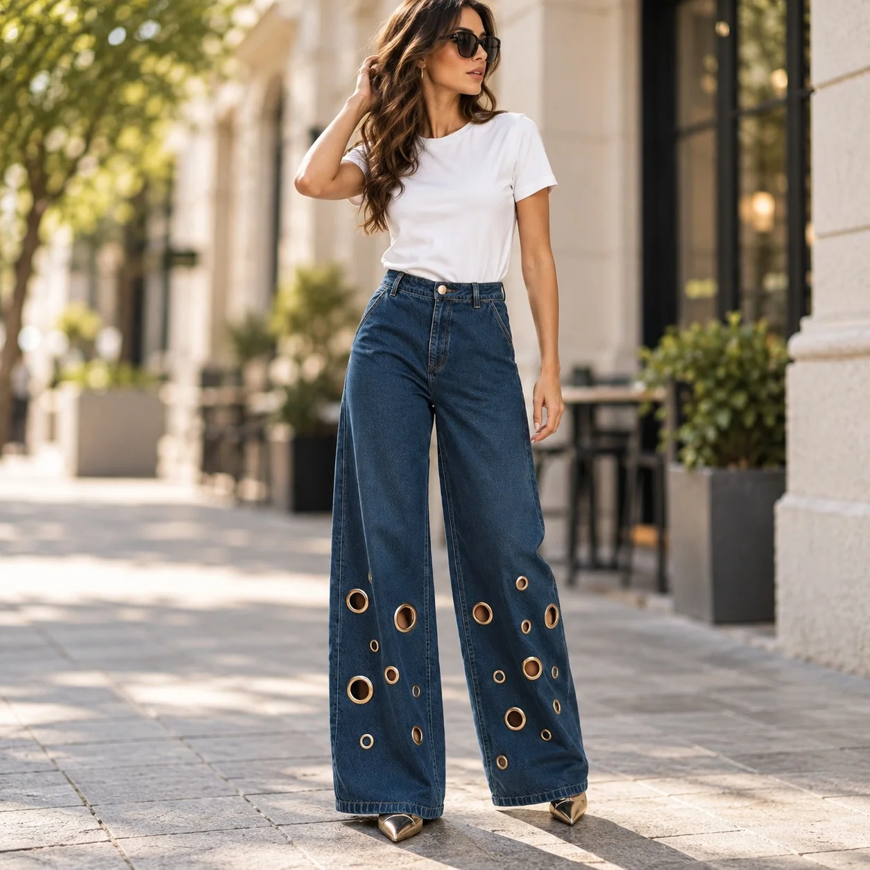 High Waist Wide Leg Pants with Full Length Button Detail Japanese Korean Casual European and American Style Spring Women Skirt