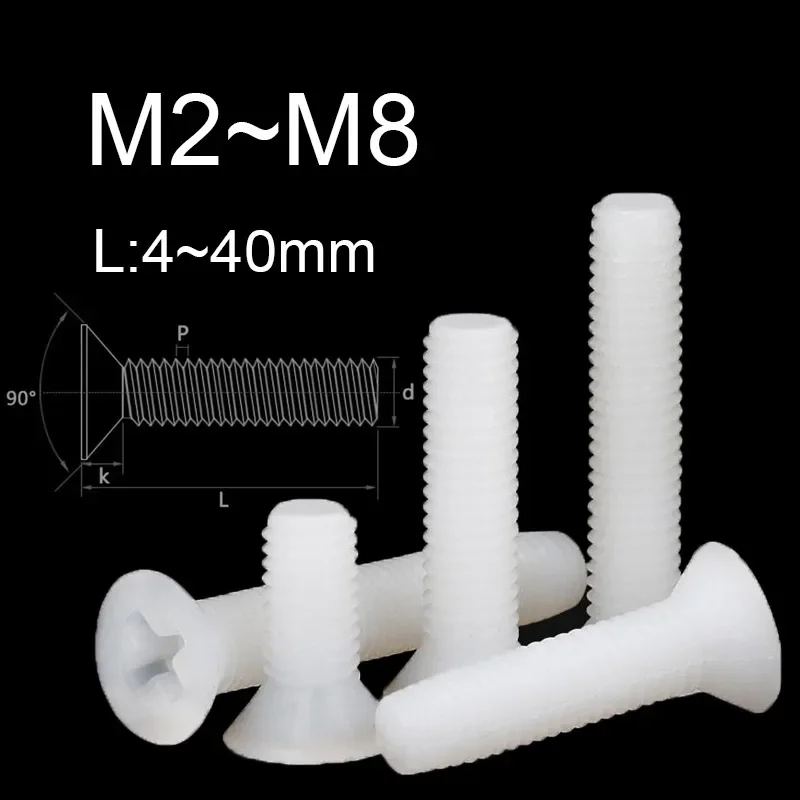 10~50PCS White Nylon Countersunk Head Phillips Screws M2 M2.5 M3 M4 M5 M6 M8 Plastic Machine Cross Countersunk Screw L:4-40mm