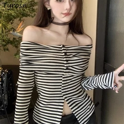 T-Shirts Women Striped Slash Neck Off-shoulder Slim Fit Crop Top Spring Autumn Side-slit All-match Sweet Sexy Girls Korean Style