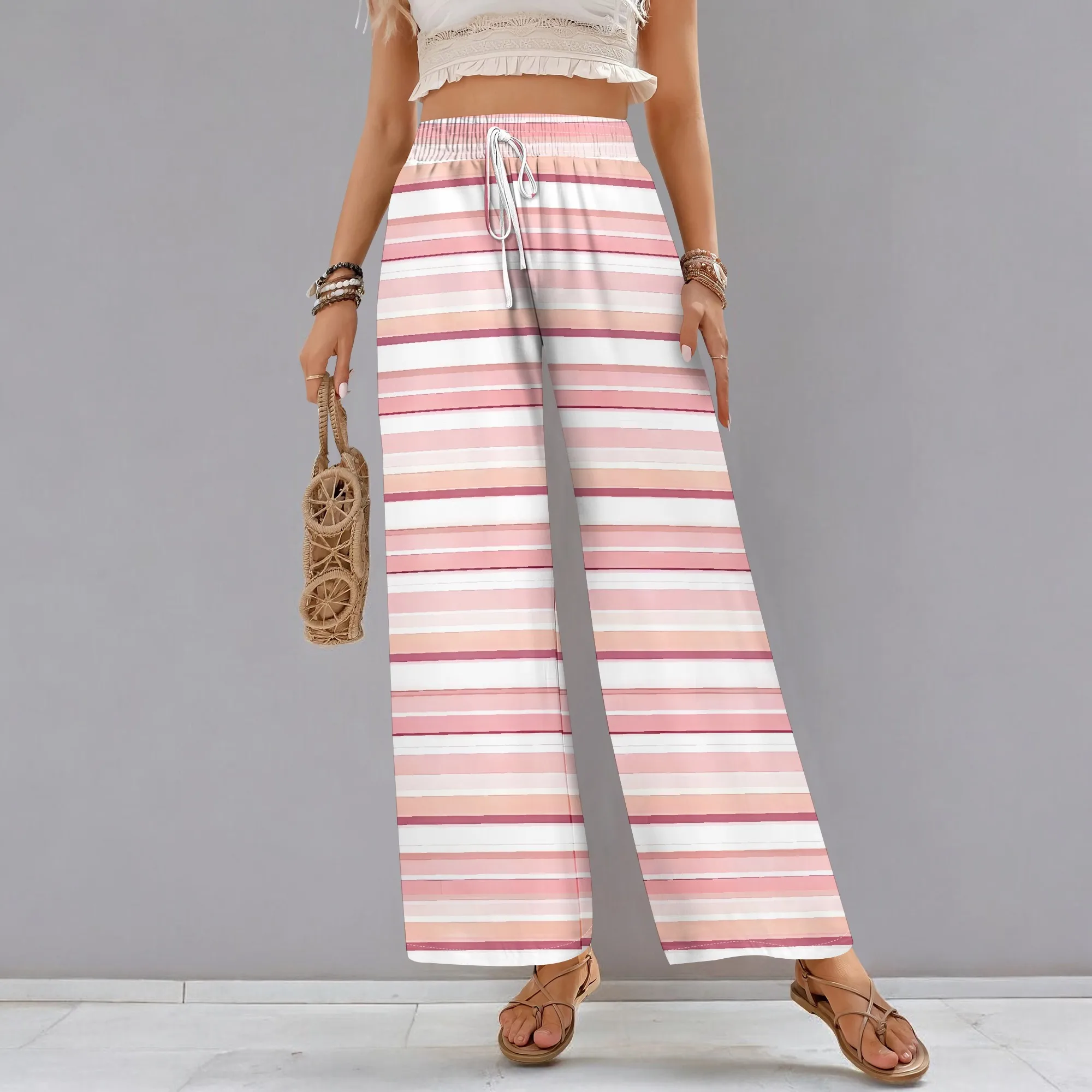 

EQQZD Stylish High Waist Wide Leg Long Pants, Simple Striped Print Trousers for Women
