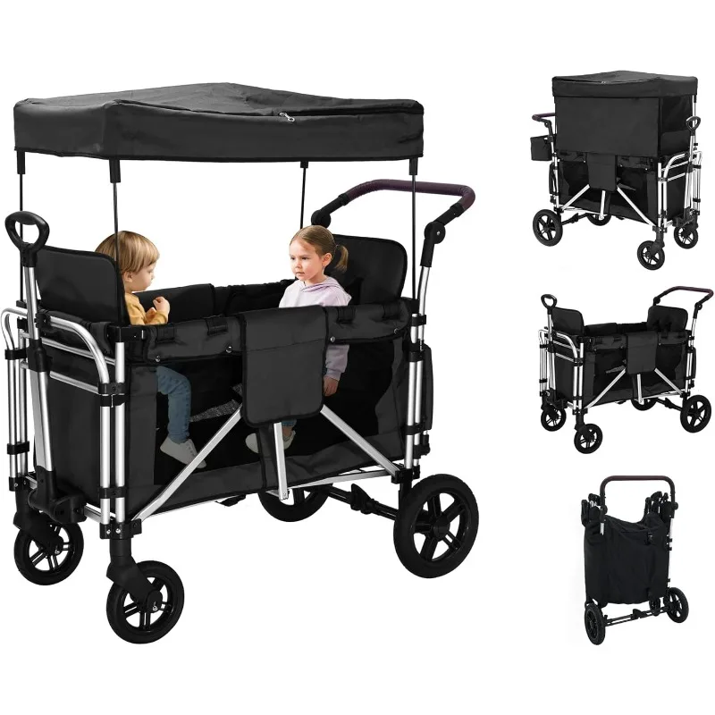 Wagon Cart Featuring 2 High Seat with 5-Point Harnesses and Adjustable Canopy, Foldable Push-Pull Rod Wagon Stroller