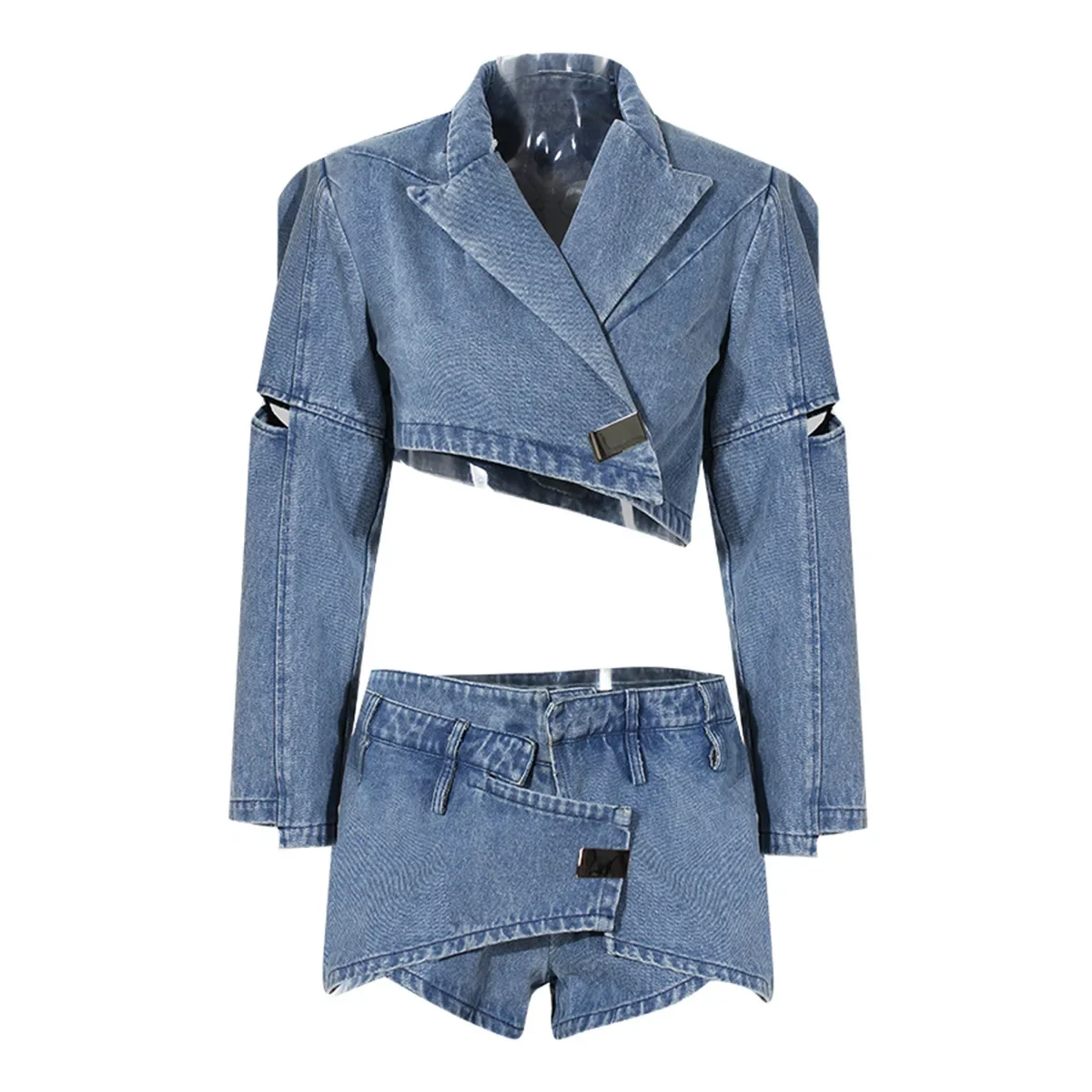 Blazer et short en denim à manches longues pour femmes, ensemble de pantalons imbibés, veste de surintendant, vêtements de travail d'affaires féminins, manteau de printemps, 2 pièces