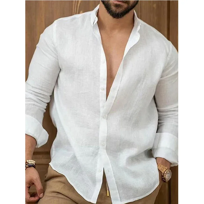 Camicia a maniche lunghe in lino di cotone tinta unita da uomo Top con risvolto slim fit per giovani Camicie e camicette eleganti di lusso casual e belli