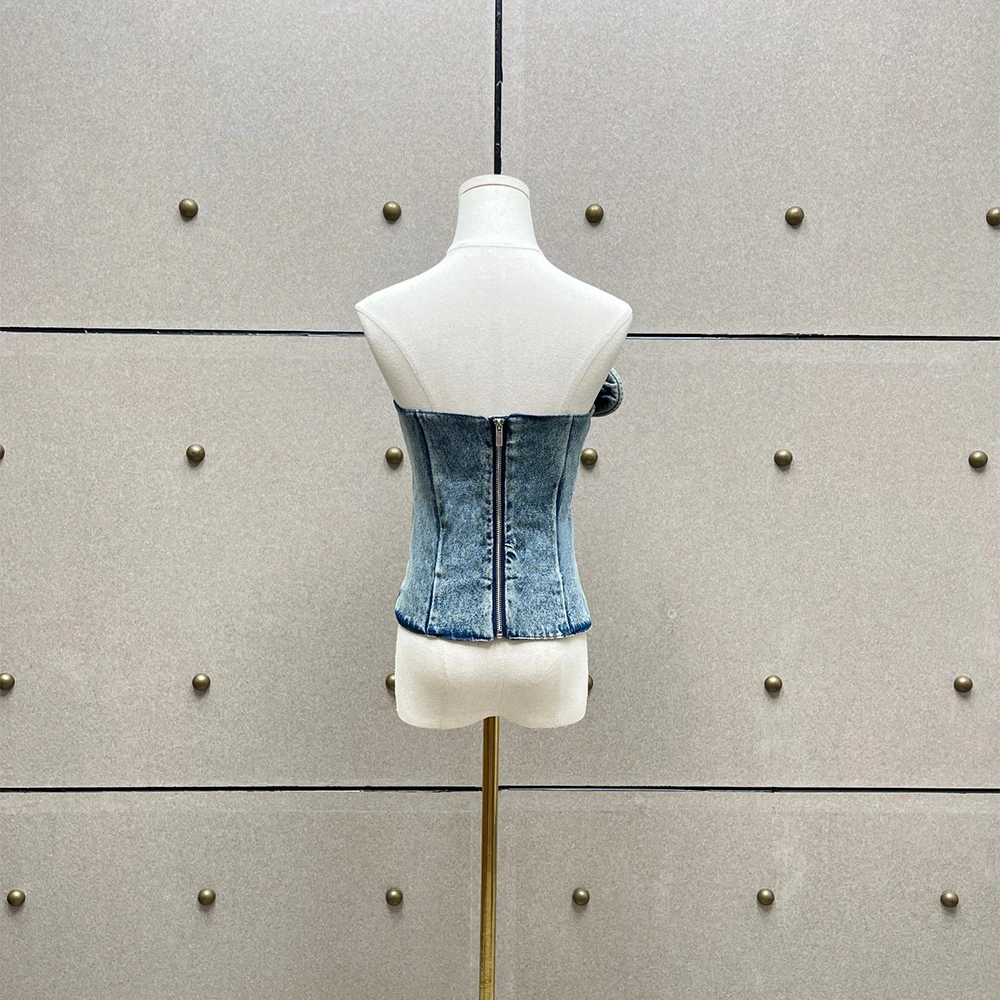 100% Cotton Denim Tube Top for Women Asymmetric Ruffle Corset Bustier Slim Fit Party Clubwear Streetwear Sleeveless Camisole