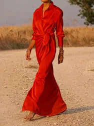 Yeezzi 2025 New Women's Solid Color Evening Maxi Dresses Long Sleeves Pleated Urban Office Lady Commute Lapel Elegant Dress