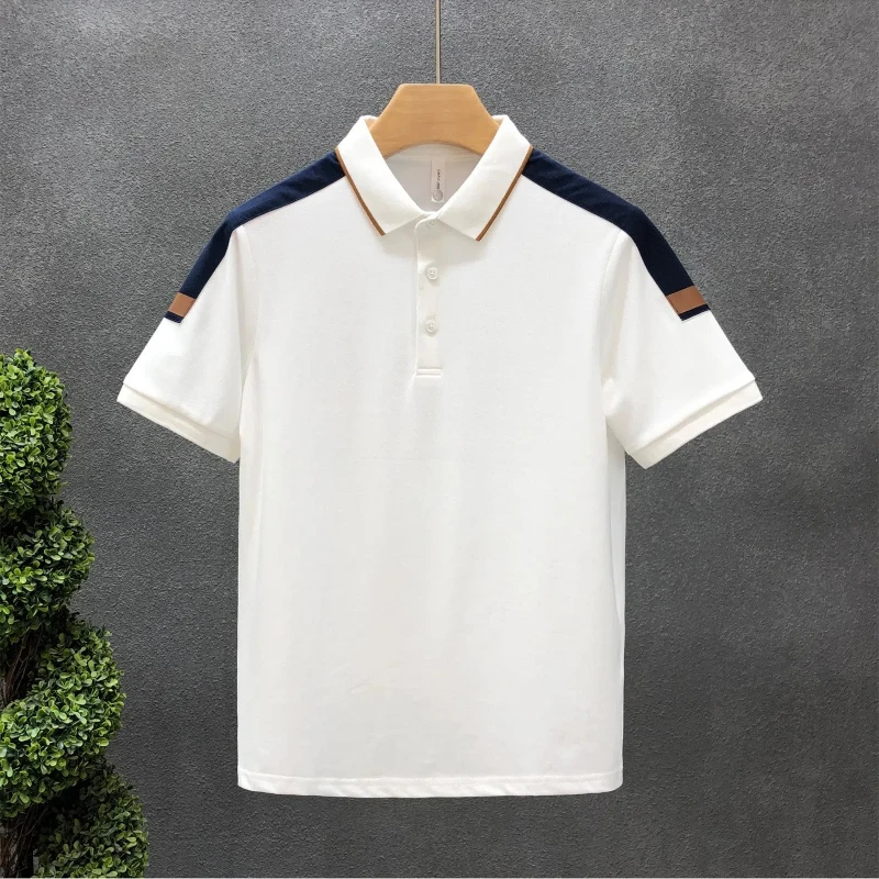 Business Casual Men\'s 2024 Summer New Patchwork Polo Shirt Button Fashion Solid Color Slim Minimalist Short Sleeved T-shirt Tops