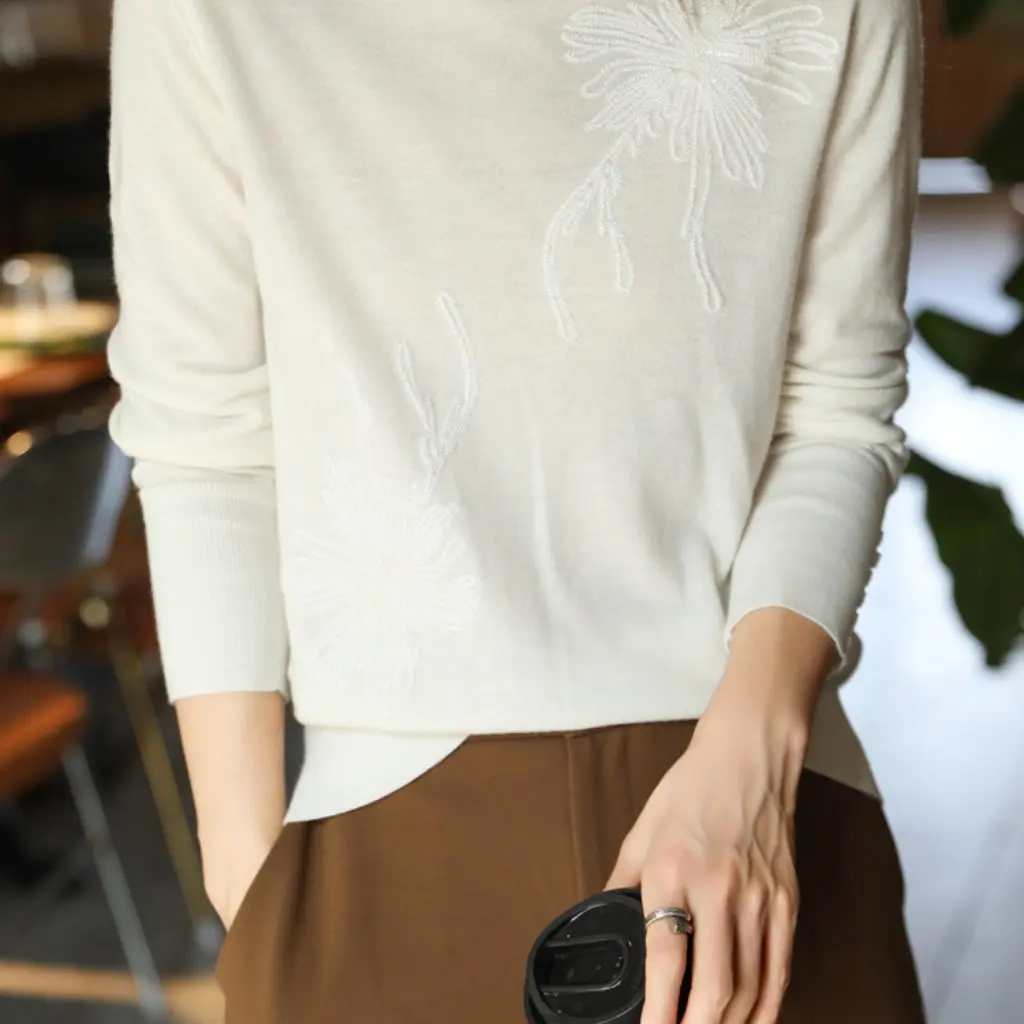 

Women's Heavy Embroidered Long-Sleeved Semi-Turtleneck Pullover Sweater Soft Comfortable All-Match Slim Base Layer Top
