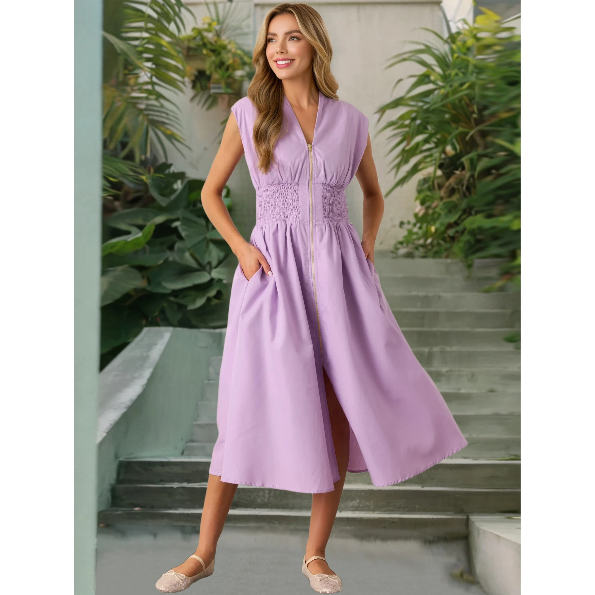 Elegant Waist-Cinching V-Neck Pleated Zipper Open-Front Dress Summer 2025 Women's Fashion Dress Polyester Short Sleeve Slim Fit