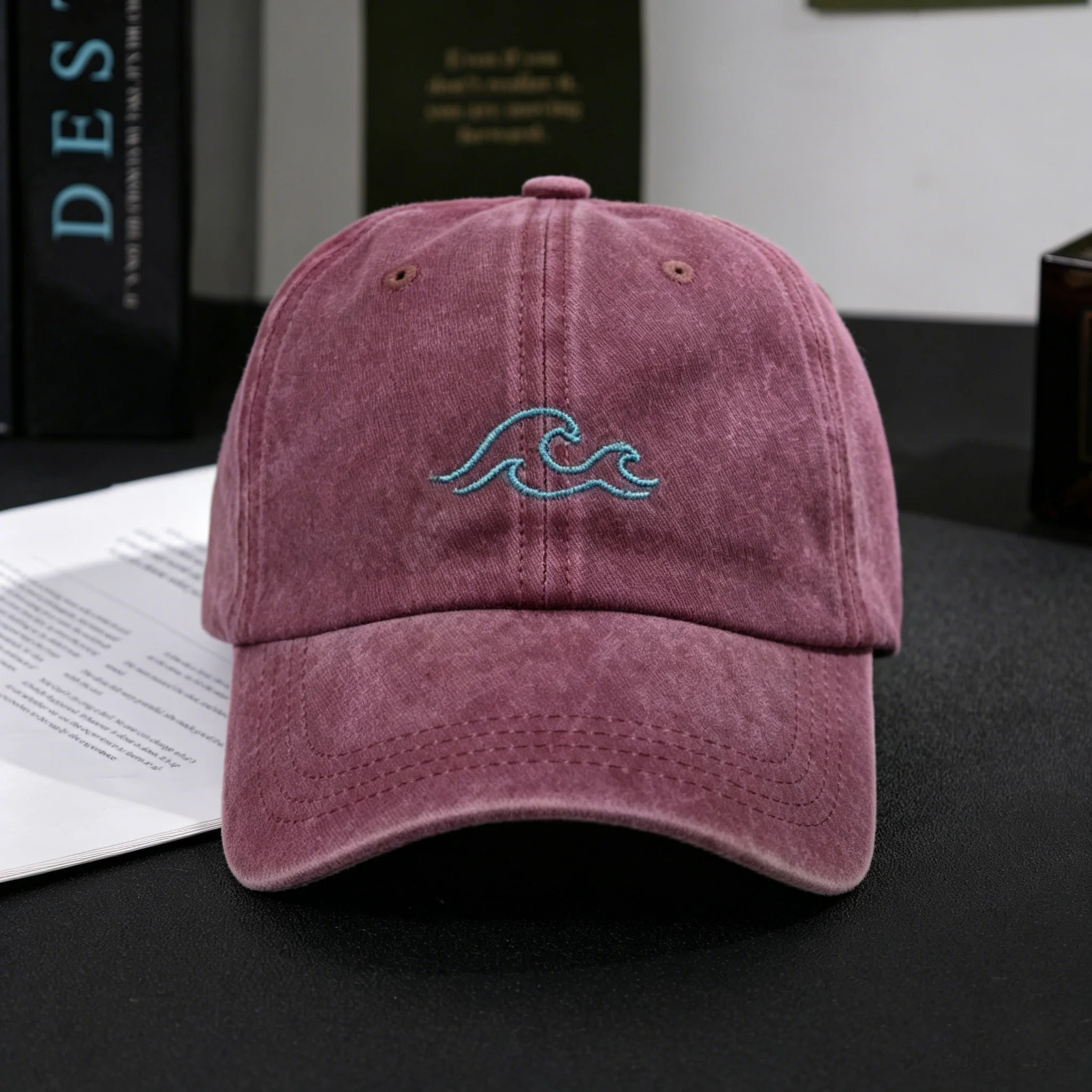 Wave Embroidery Washed Baseball Cap Minimalist Unisex Refreshing Peaked Hat for Summer Beach Vacation Daily Travel