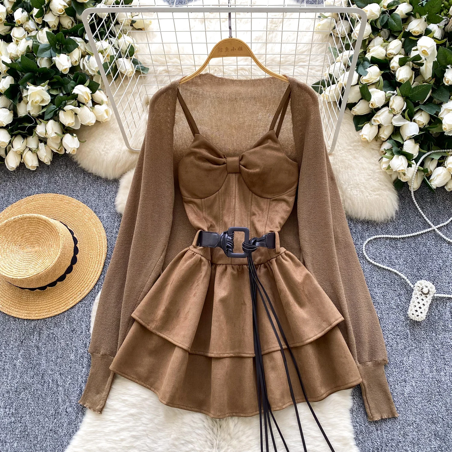 

Женское платье в готическом стиле в стиле панк, комплекты пальто, женские модные Y2K Ins, шикарное платье с поясом на талии, вязаные топы, костюм, зимняя фестивальная уличная одежда