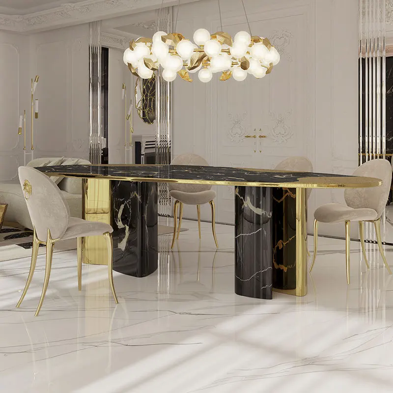 Pure Copper Hand-Inlaid Luxury Marble Oval Dining Table Stainless Steel Large Size Home Luxury Restaurant Main Table