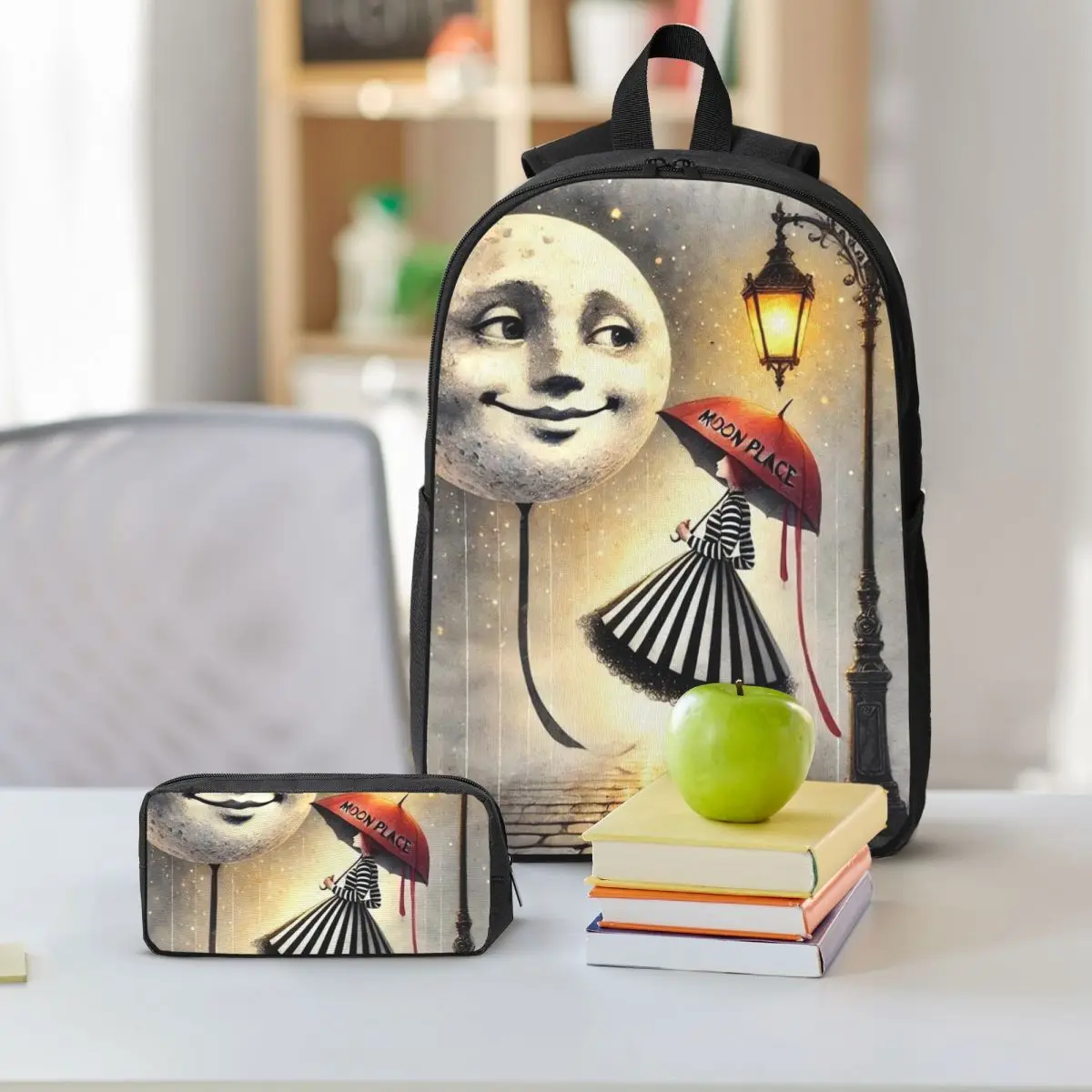 Gothic Girl Kiss Smiling Moon Design Backpack Boys Girls BookBag School Bag Shoulder Bags 3ps Insulated Lunch Bag Pencil Case