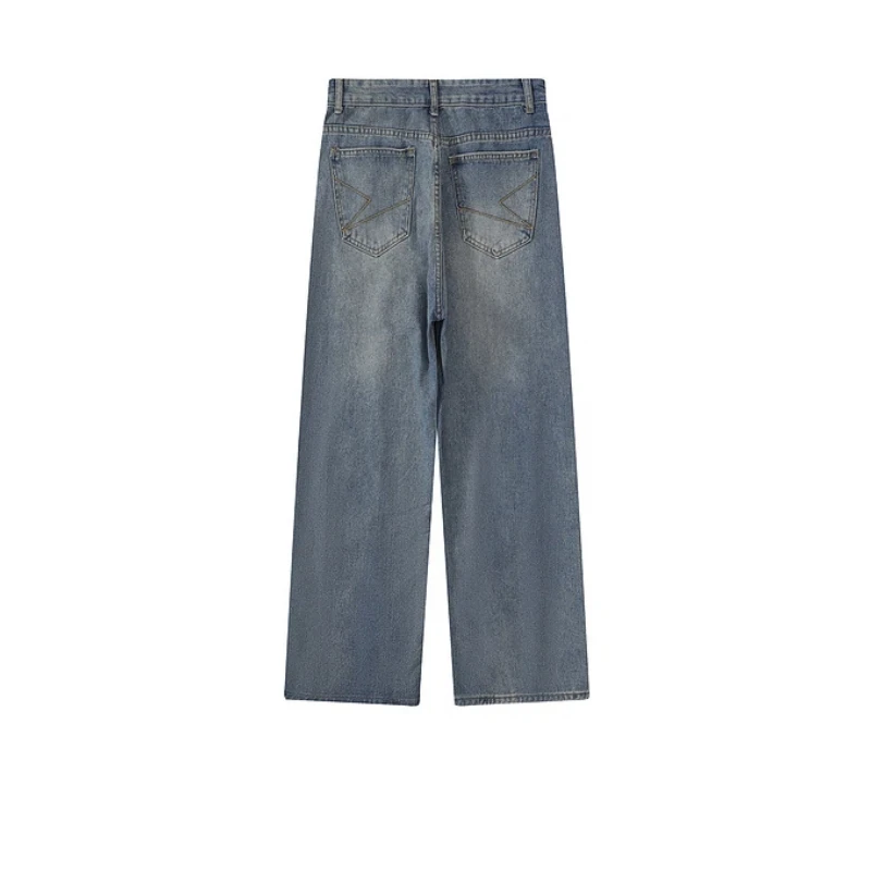 American Retro Denim Pants Men Washed Distressed Blue/Black Jeans For Men Casual Straight Wide Leg Pants Denim Trousers Men
