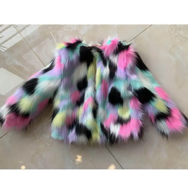 Baby Girls\' Fur Coat Autumn Kids Rainbow Color Clothing Children\'s Imitation Fox Fur Wool Outwear Thickened Winter Jacket 3-8Y