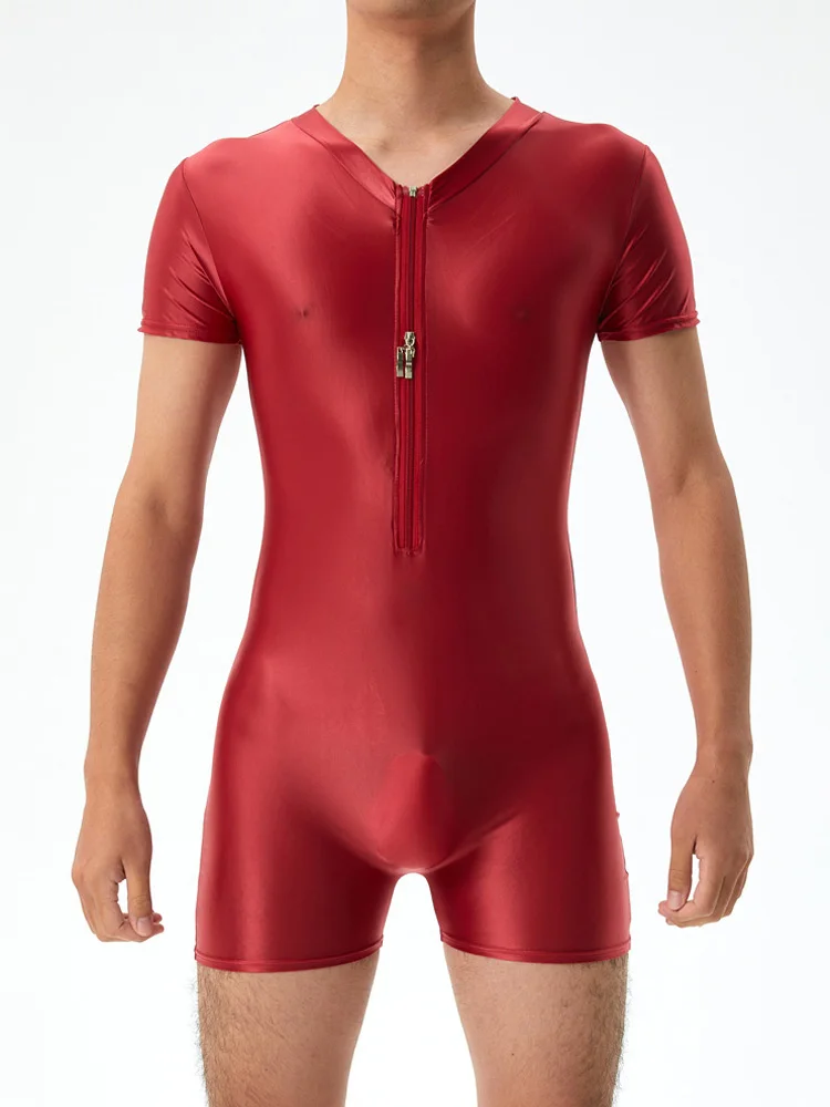 Men's Bodysuit With Front Zipper Two Way Oil Shiny Tights Yoga Shaping Leotard High Elastic Man Sexy Exotic Tops Candy Color