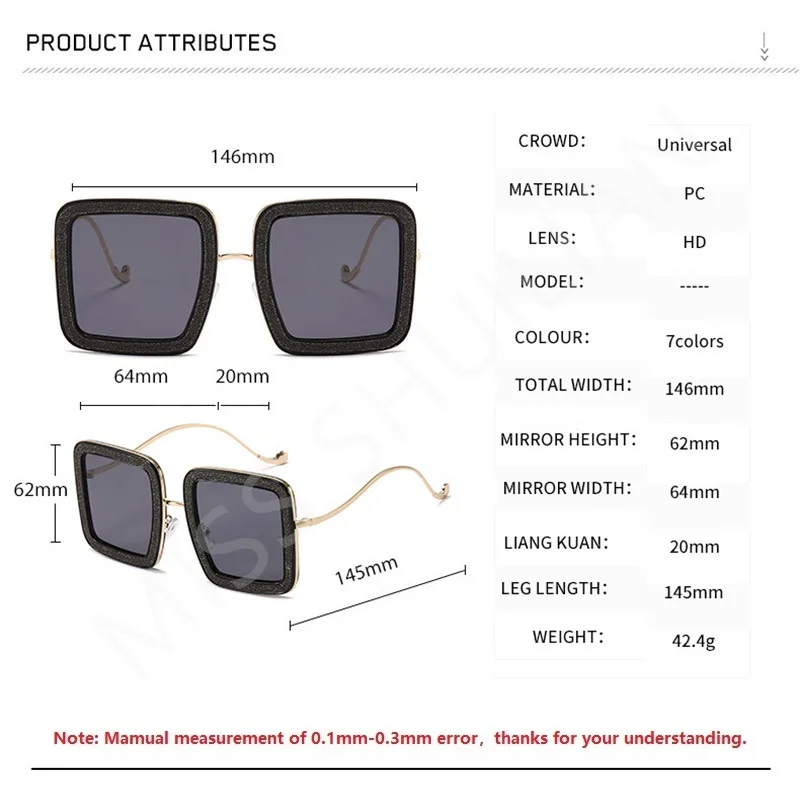 2024 Oversized Square Cooling Black Sunglasses Women Shining Designer Rectangle Sun Glasses Men Glitter Frame Sun Shades Eyewear