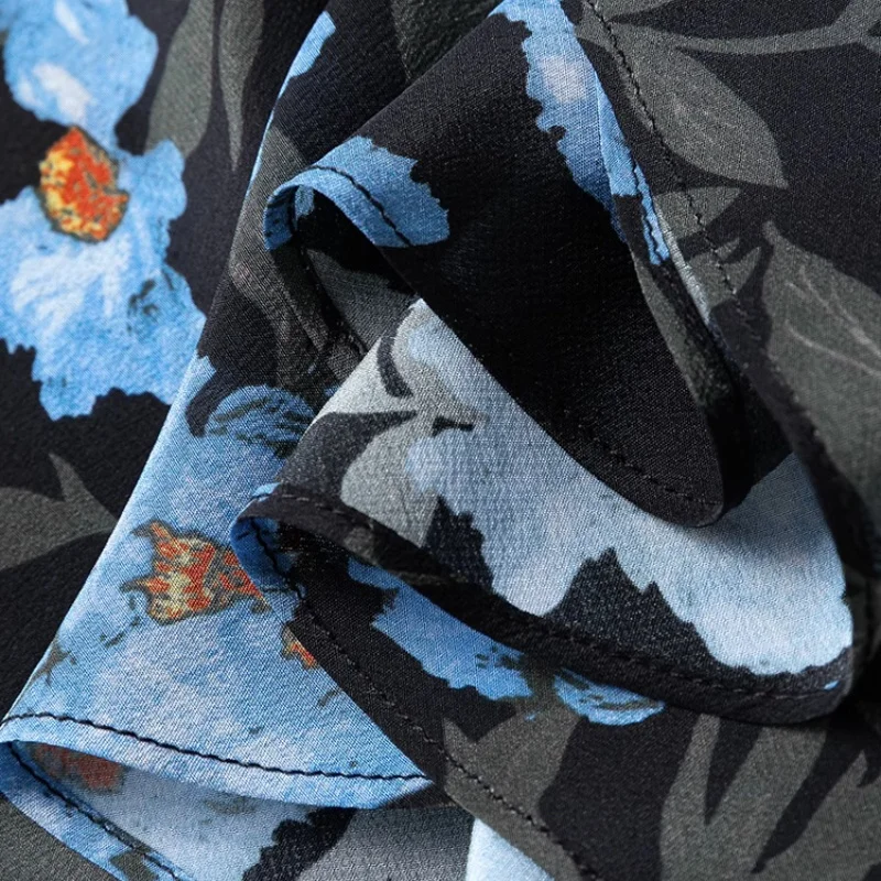 버드트리 여름 100% 실크 드레스, 여성용 더블 크레이프 O넥 루즈 플로럴 프린트 반팔 드레스, 신상품 2025 D55002JF