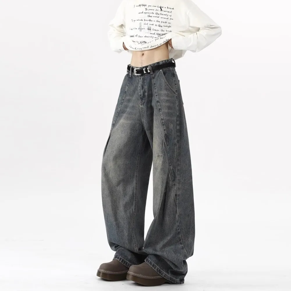 Vintage Men's Straight Wide Leg Washed Loose Fit Baggy Jeans Male Streetwear Cowboy Denim Straight Trousers