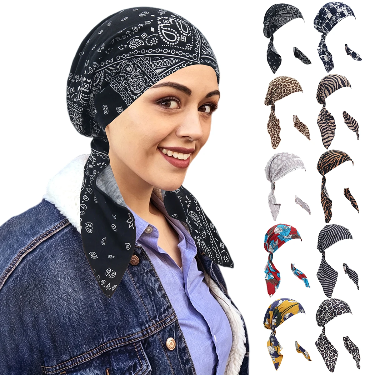 Fashion Print Muslim Hijab Soft Stretch Turban Cap Head Wrap Bandanna Chemo Hair Loss Cover Beanie for Women Cancer