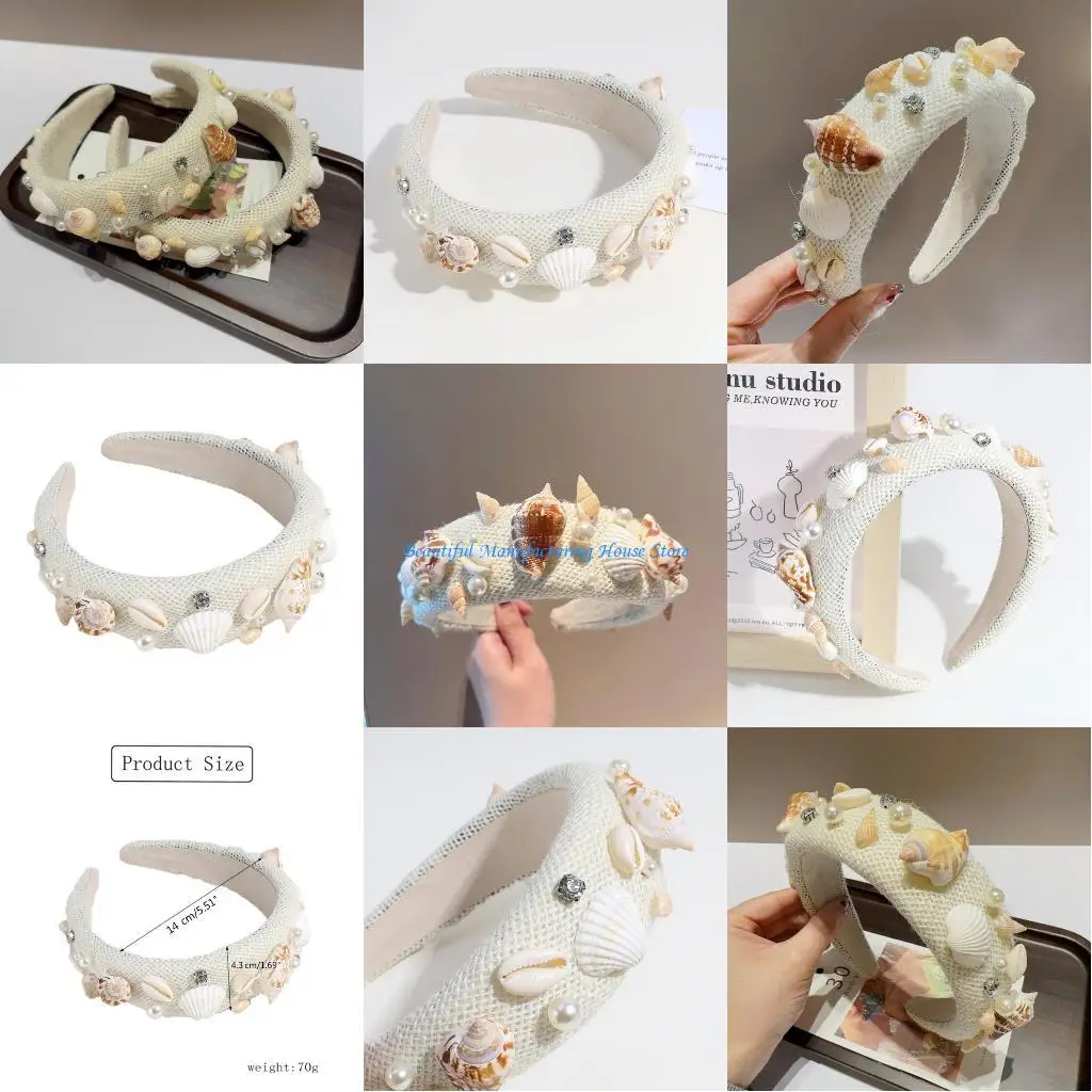 E56A Rhinestones Pearl Headband Conch Headband for Beach Party Shell Headband