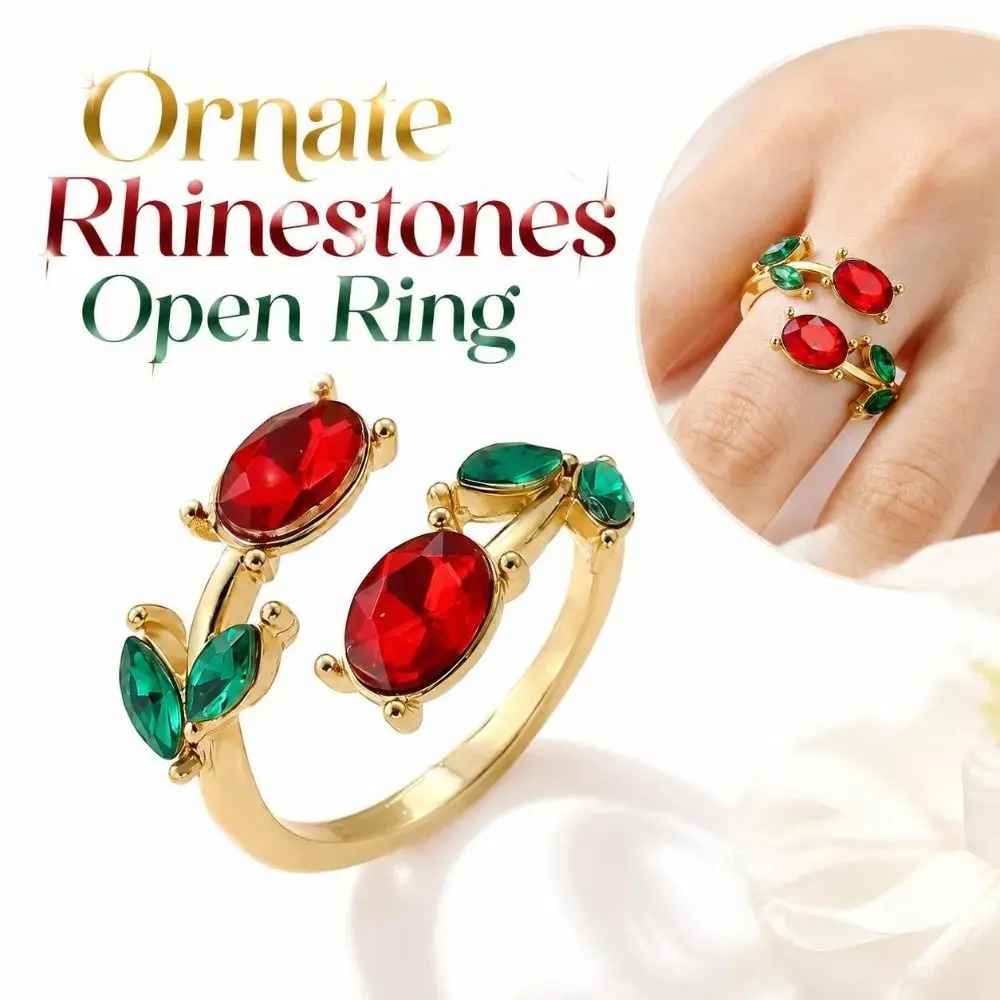 Adjustable Rhinestones Open Ring Multicolor Alloy Leaf-shaped Ring Ornate Crystal-inlaid Floral Statement Ring Daily Wear