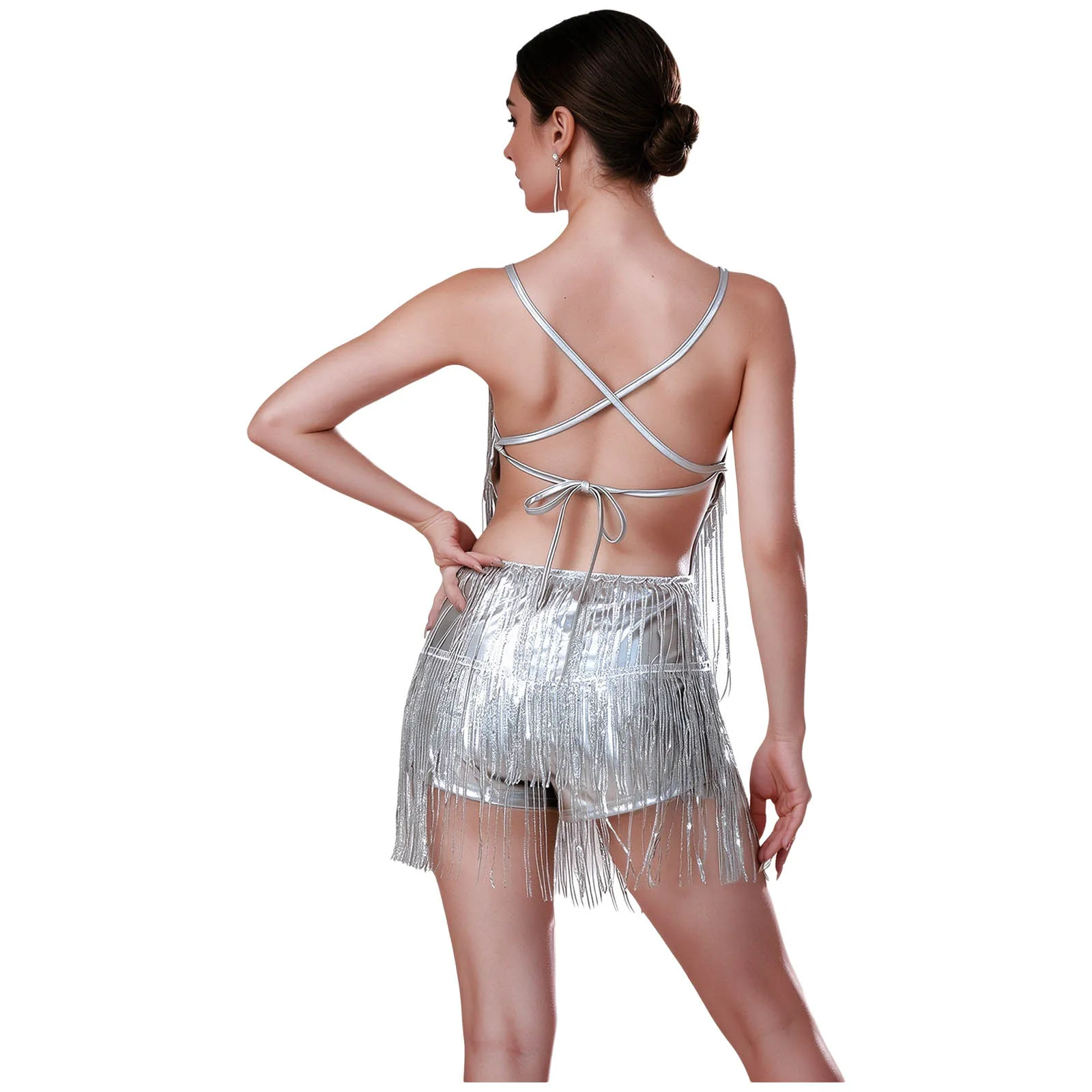 Damen-Pailletten-Fransen-Latin-Tanz-Jumpsuit, 1920er-Jahre-Flapper-Kleid, rückenfreier Body mit Schnürung und Fransen, Metallic-Bodysuit, Bühnenkostüm – Detail 12