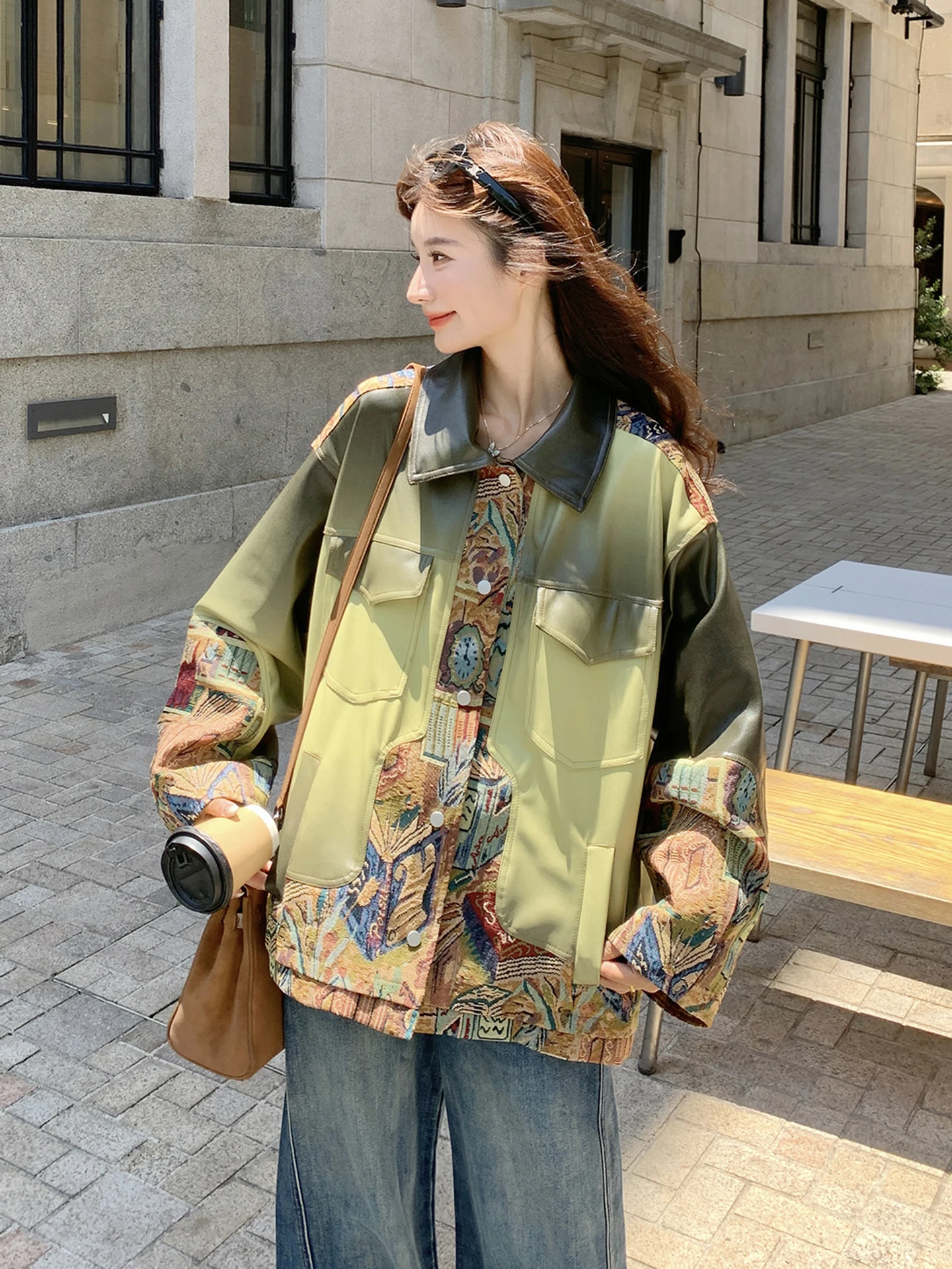 신상 중국 스타일 슬림핏 PU 가죽 재킷 여성용 봄 가을 슬림핏 코트 출퇴근용