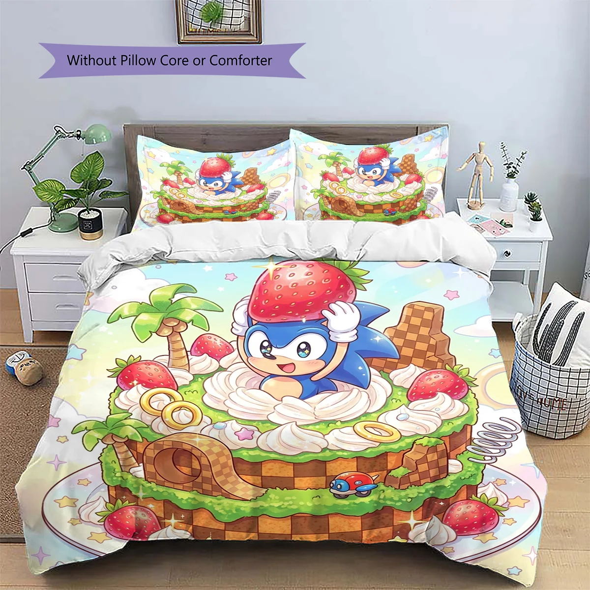 Hedgehog Sonic Patterned Pillowcase & Duvet Cover Set Home Cozy Anime Themed Bedding Bedroom Decor Fan Gift.-TING