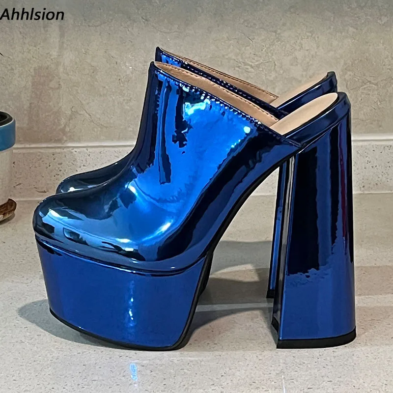 Ahhlsion Handmade Women Summer Sandals Shiny Block High Heels Round Toe Cool Blue Black Party Shoes Ladies US Plus Size 5-20