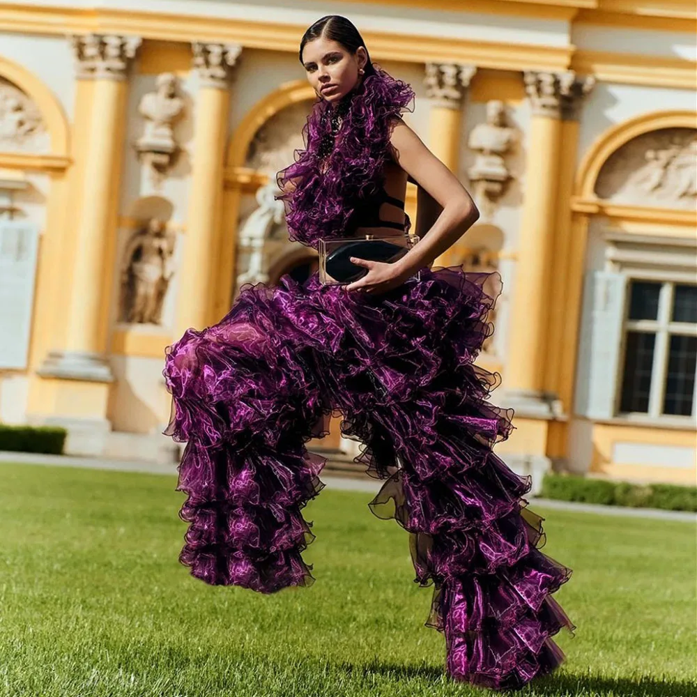 

Purple Ruffled Pants With Layered Design And Flowy Texture Enhance Elegance And Movement In Outdoor Settings Custom Made Color