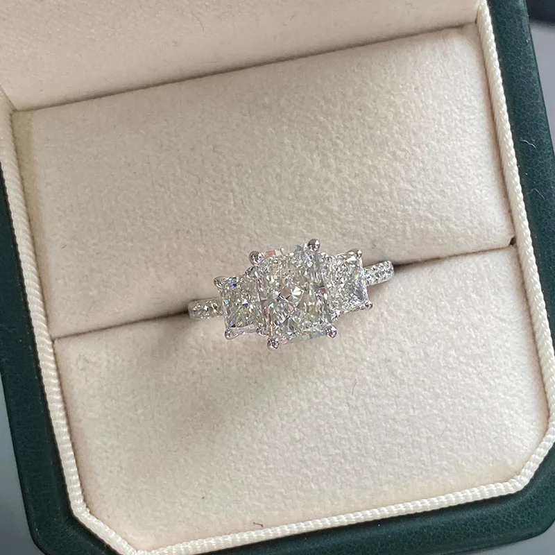 Main Stone 2 Carat EF VS & Side Stone 0.5ct Each Radiant Cut Three Stone CVD HPHT Lab Grown Diamond 14K White Engagement Ring