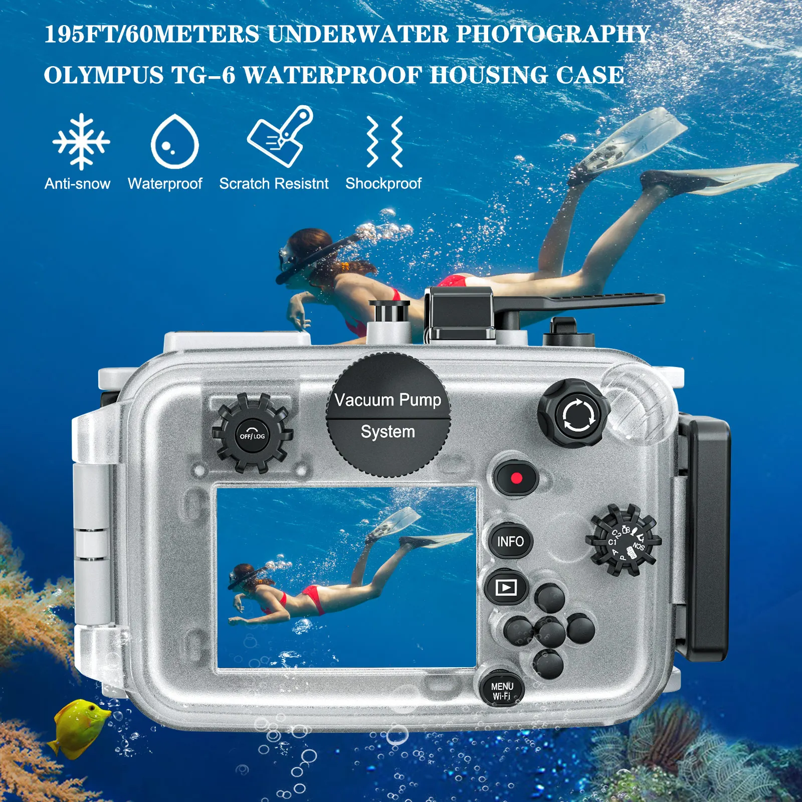 SeaFrogs TG6 60m/195ft Underwater Diving Waterproof Housing Camera Case for Olympus TG-6 Waterproof Camera Bags