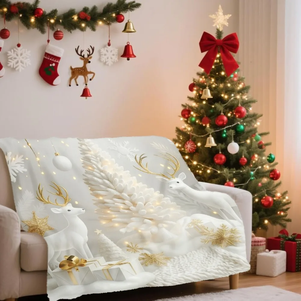 Luxury flannel blanket for winter with white deer and gold snow forest reindeer and shimmering patterns