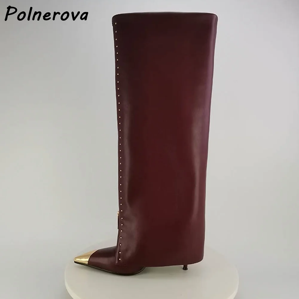 Rivet Black Zipper Knee High Boots Leather Pointy Toe Thin Heels Slip On Turn Over Edges Shoes Women Fashion Elegant Solid Shoes