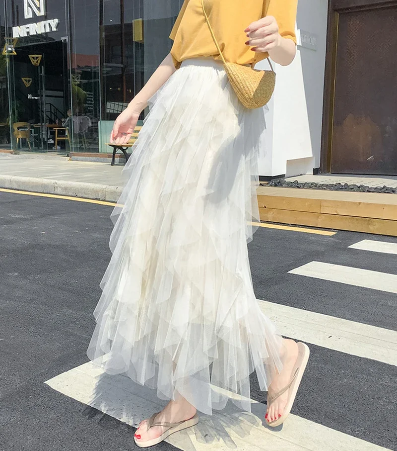 Womens Elastic High Waist Tulle Mesh Irregular Tutu Skirt Summer Girls Party Older Kid Girl Pleated Long Midi Skirts