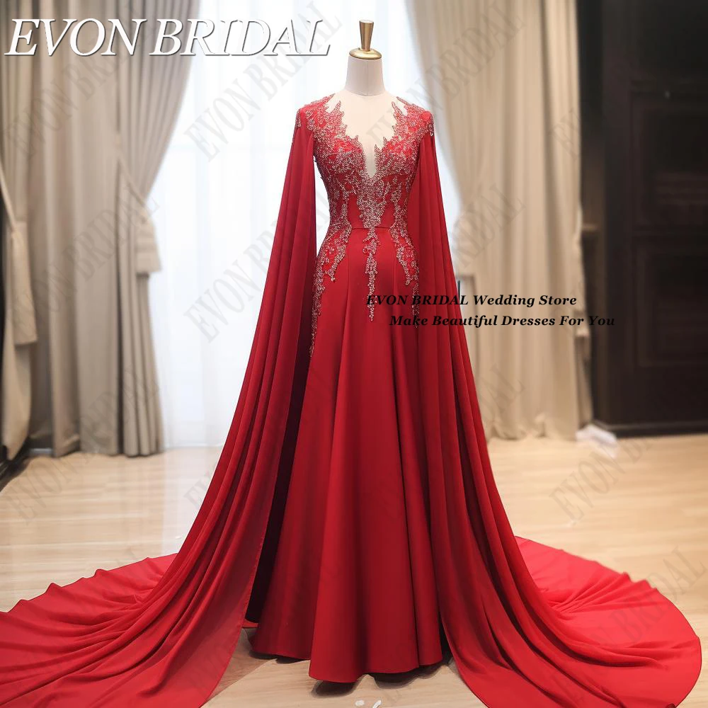 EVON BRIDAL Vermelho Luxo Formal Vestidos De Noite Para Mulheres Chiffon Cabo Mangas Renda Festa De Casamento Vestidos Dubai فساتين السهرة Rouge de luxo vestido de noite oficial mulher de esfólio de neve de pulseira de