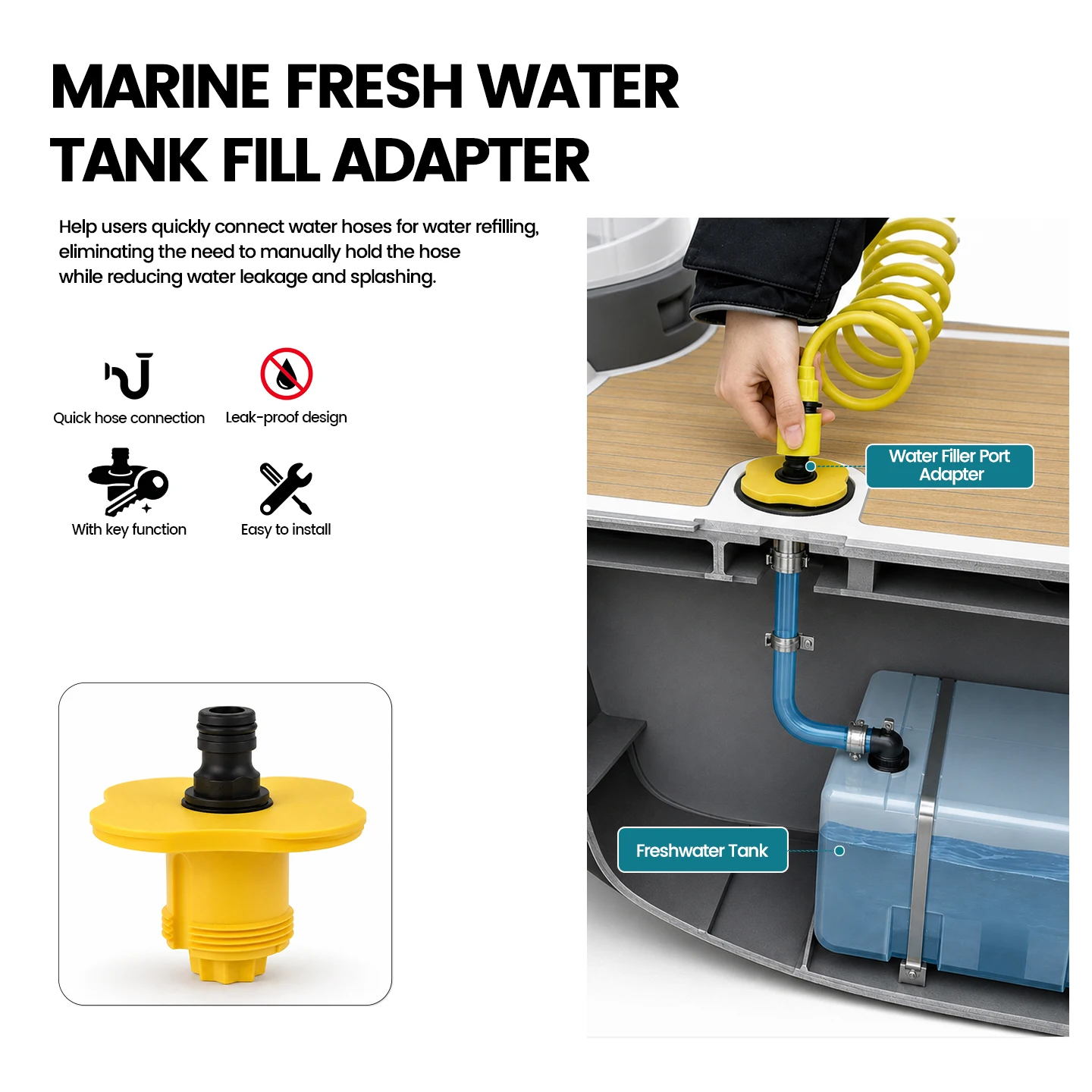 Marine Deck Fill Connector, Fresh Water Tank Fill Adapter for Boat, Quick Connect Water Fill Port, Easy Installation