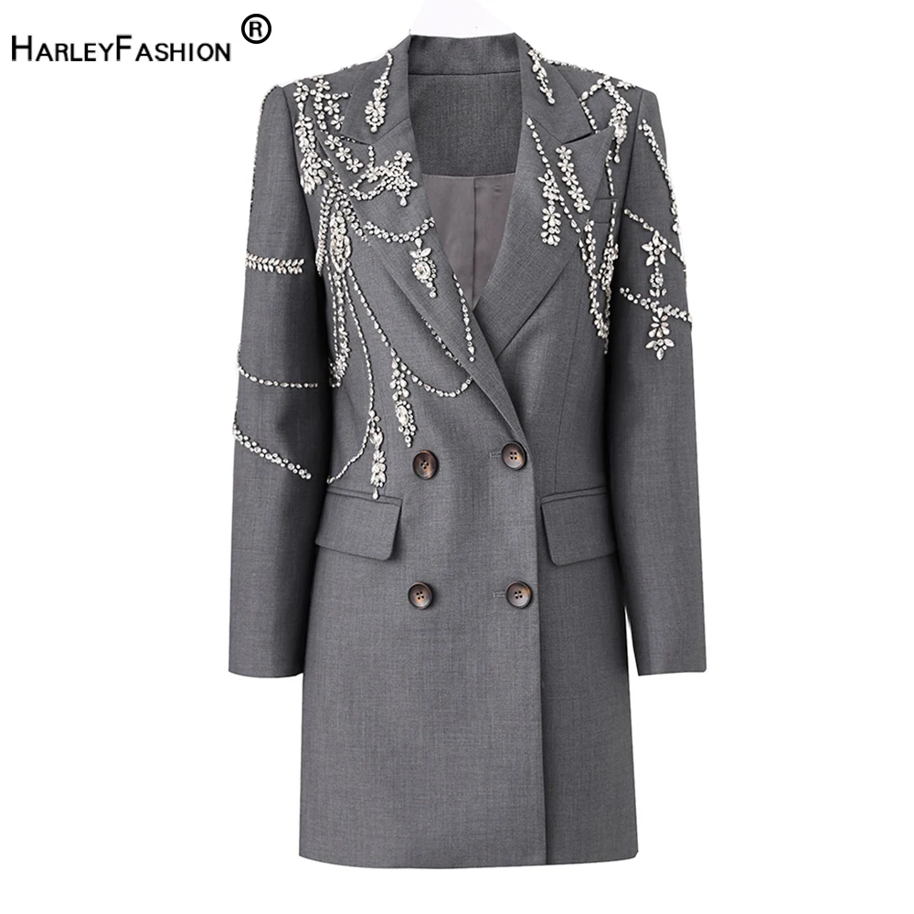 Luxury Shining Rhinestone Beading Notched Blazer Party Dress for Women Occasional Wear Clothing Eye-Catching Design