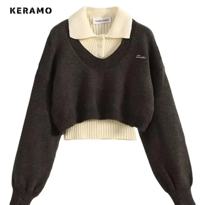 2025 Winter Casual Knitting Long Sleeve Fake Two Piece Pullovers Women Chic Polo Collar Patchwork Fashion Warm Slim Fit Sweater