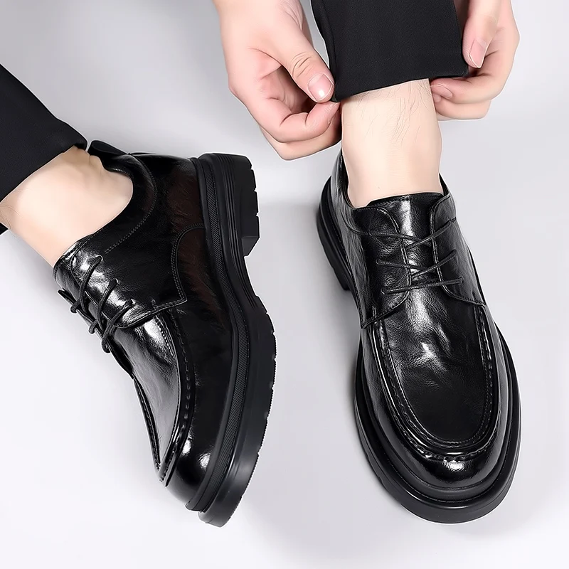 Men Casual Leather Shoes Fashion Classic Brogues Luxury Genuine  Leather Handmade Thick Heels Black Male Wedding Formal Shoes