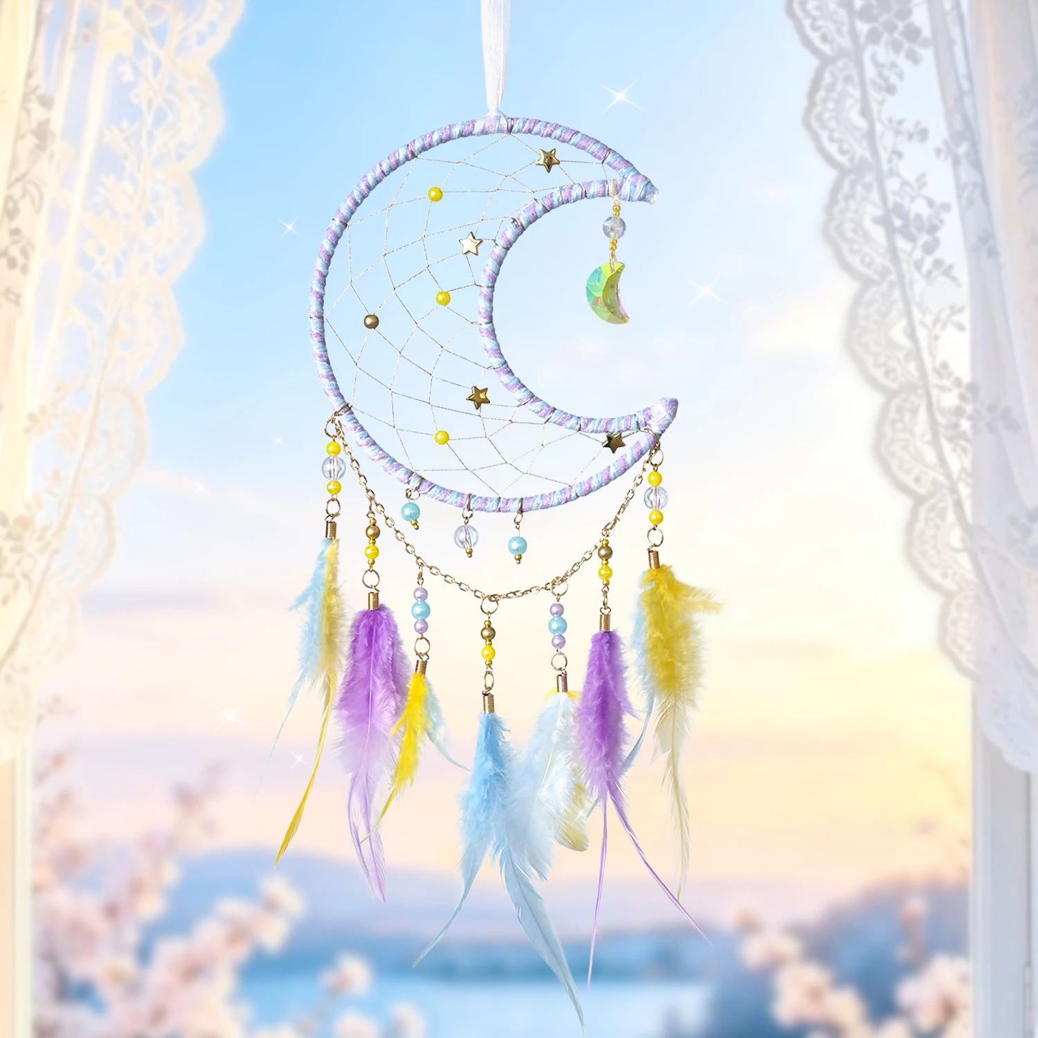 Handmade Moon Dream Catcher Colorful Feather Crystal Pendant Wall Hanging Home Bedroom Decoration Door Pendants For Girls Gifts