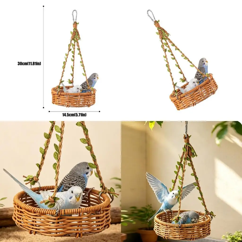 L9BE Small Pet Bird Cage Swing, Hanging Round Plastic Basket Bed with Hook, Indoor Routine Bird Housing Format for Cage Use