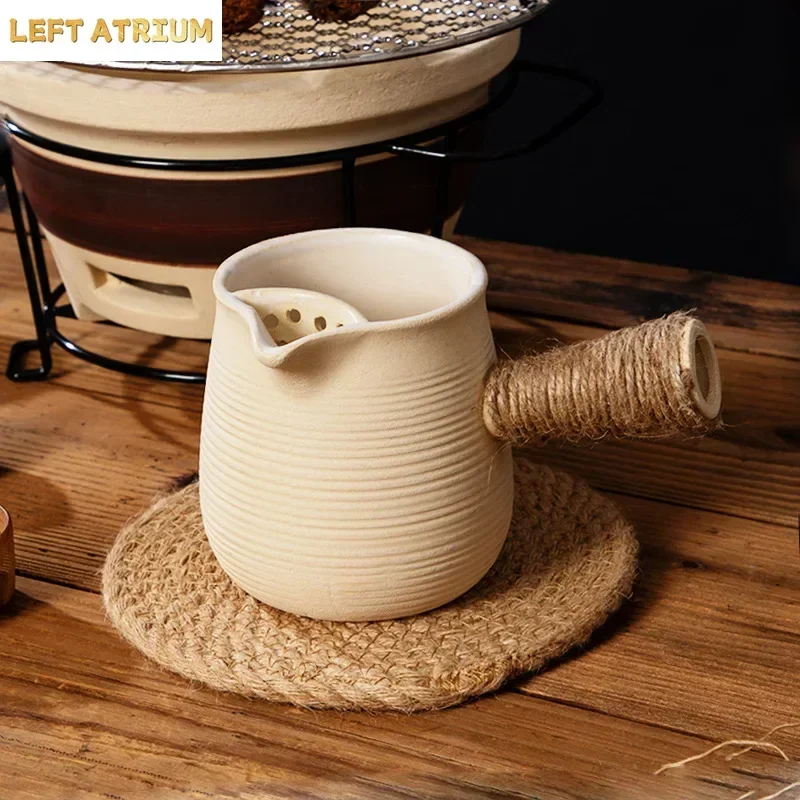 Clay Stove with Grilled Handle, Teapot Aged White Dedicated Cooking Tea Pot, Firewood Burning Boil Water, Chinese Style Utensils